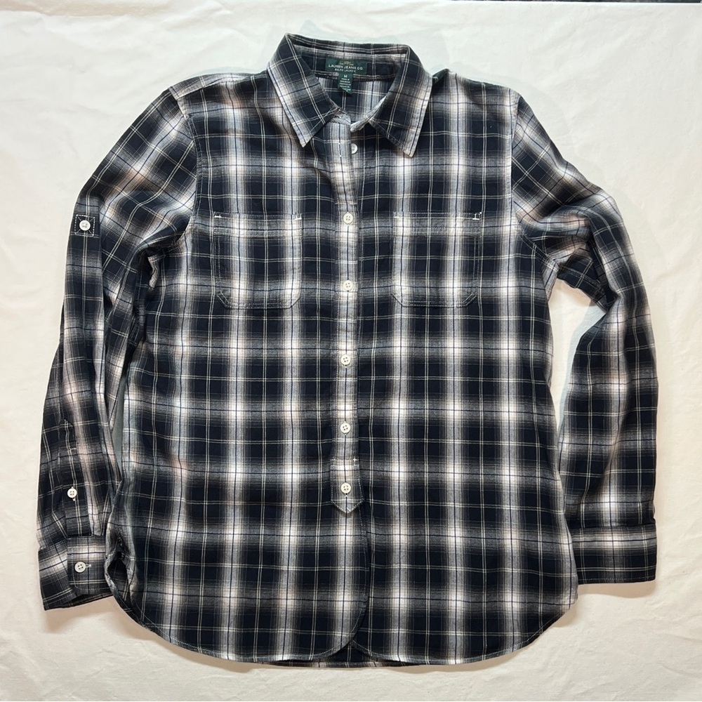 Lauren Jeans Co. Ralph Lauren Women's Plaid Button Up Shirt with Roll Tab Sleeve